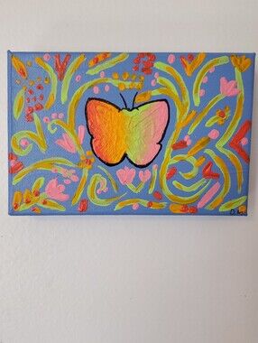 Original Handmade Painting Butterfly Floral Canvas‎ 4" x 6" Art Work Home Decor